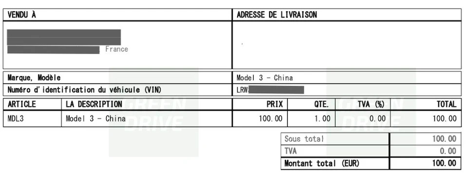 Tela Model 3 uit China - factuur Tela Model 3 uit China - factuur